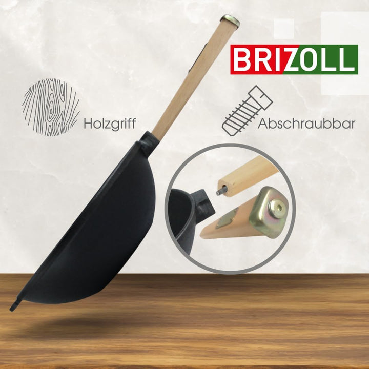 4BIG.fun Wokpfanne mit Holzgriff 26 cm aus Gusseisen Wok 2,8 L Outdoor Stielpfanne Camping Grillpfan