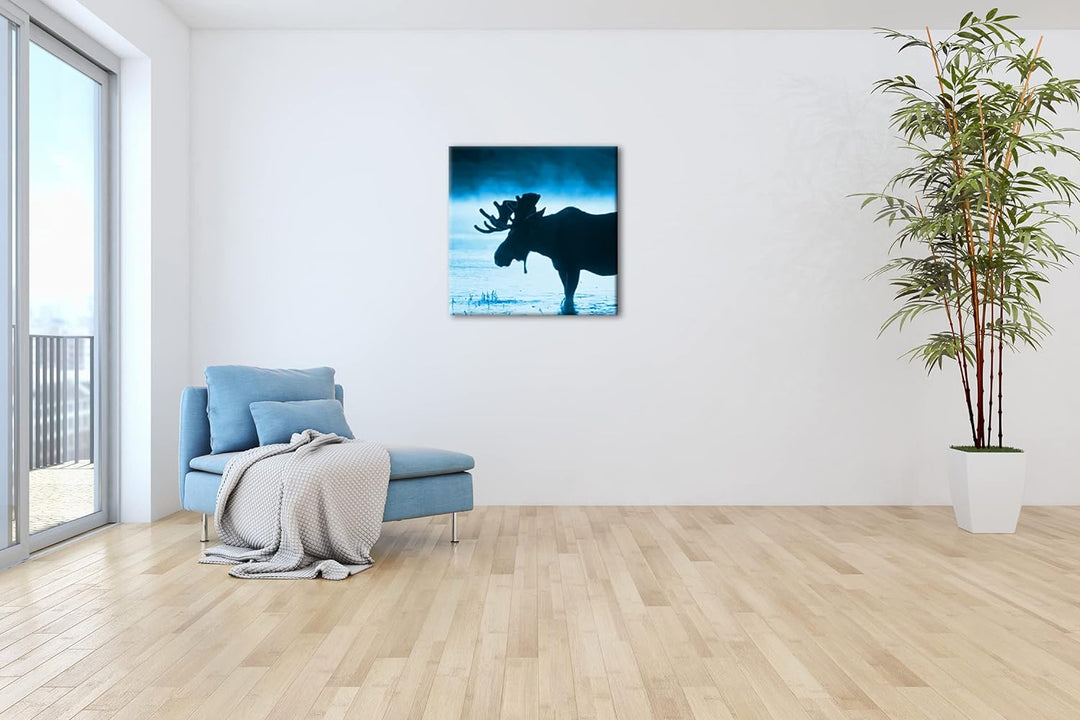 deyoli Elch Silhouette am Wasser Format: 70x70 Effekt: Monocrome Blau als Leinwandbild, Motiv fertig