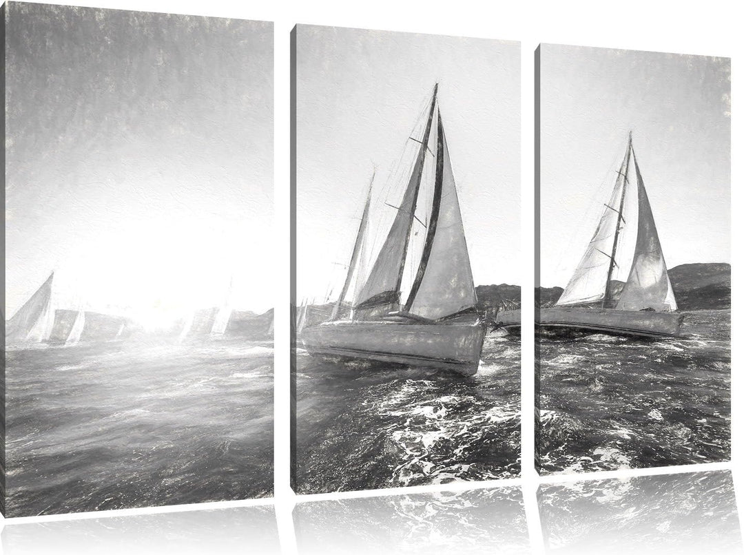 Pixxprint Luxusyachten bei Segelregatta Kunst Kohle Effekt 3-Teiler Leinwandbild 120x80 Bild auf Lei