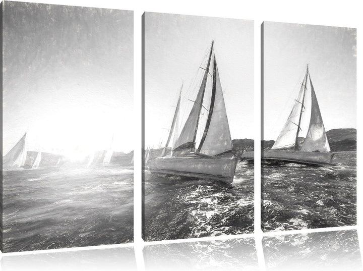 Pixxprint Luxusyachten bei Segelregatta Kunst Kohle Effekt 3-Teiler Leinwandbild 120x80 Bild auf Lei