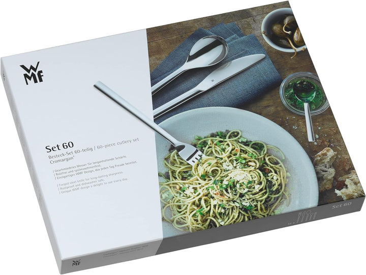 WMF Silk Besteck Set 12 Personen, Essbesteck 60 teilig, Monobloc-Messer, Cromargan Edelstahl mattier
