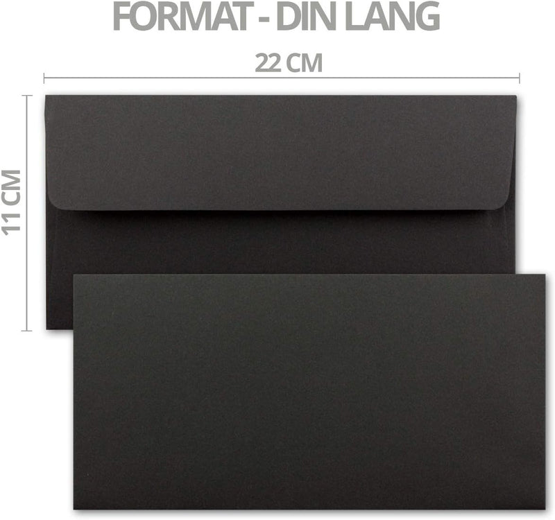 200x Kraftpapier Umschläge DIN Lang - Schwarz ÖKO - Haftklebung 11 x 22 cm - 120 g/m² breite Lasche