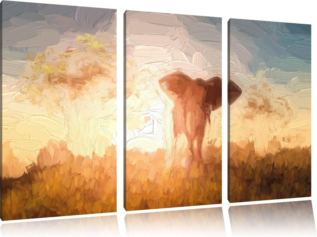 Pixxprint Elefant in der Wüste als Leinwandbild/Grösse: 3 Teilig (120x80 cm) cm/Wandbild/Kunstdruck/