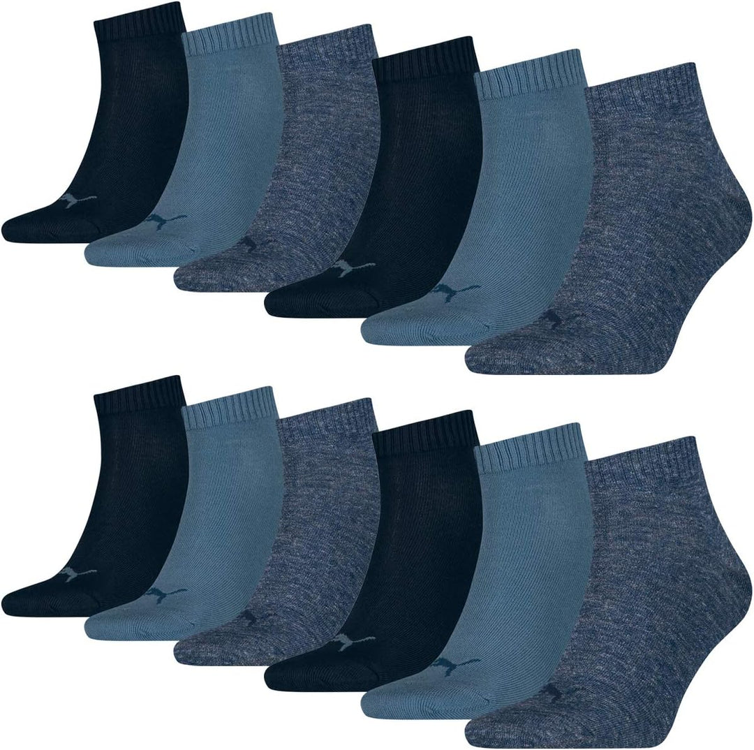 PUMA 12 Paar Quarter Sportsocken (Kurzsocken) für Damen und Herren im Vorteilspack (Denim Blue, 39/4