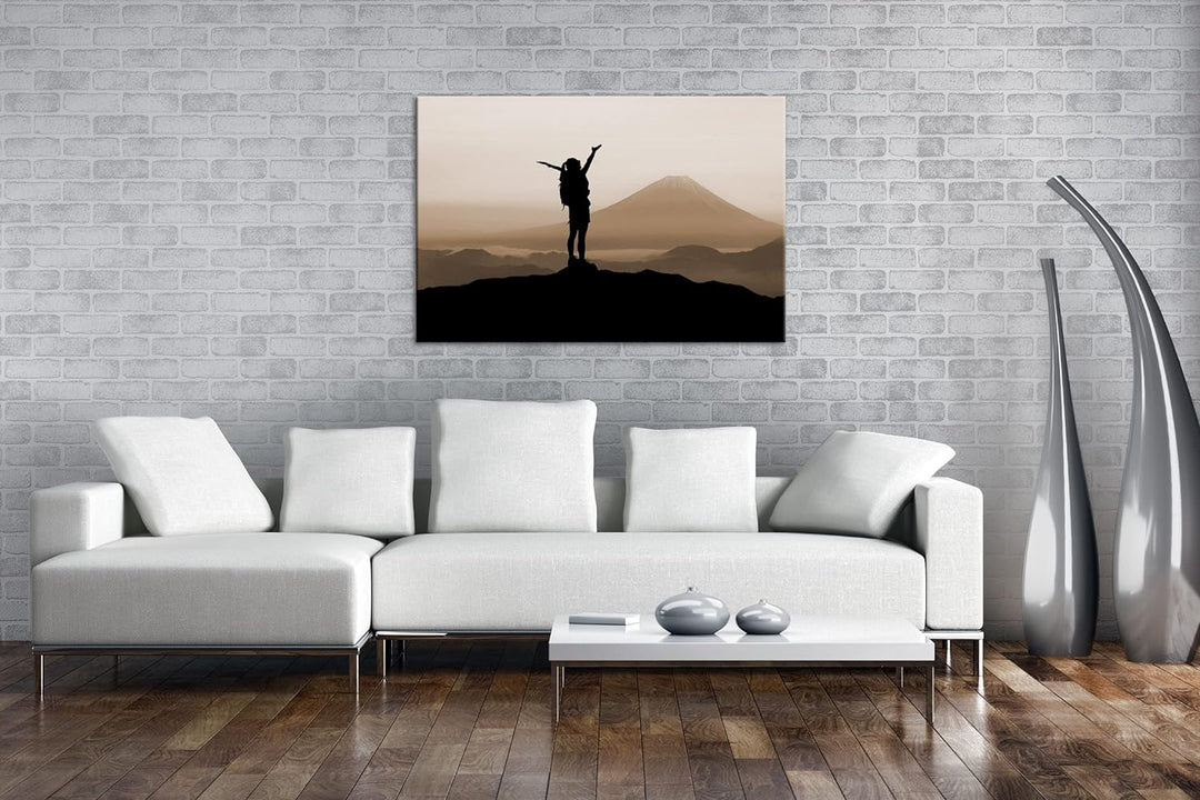 verspürende Freiheit über den Bergen Effekt: Sepia, Format: 80x60 als Leinwandbild, Motiv fertig ger
