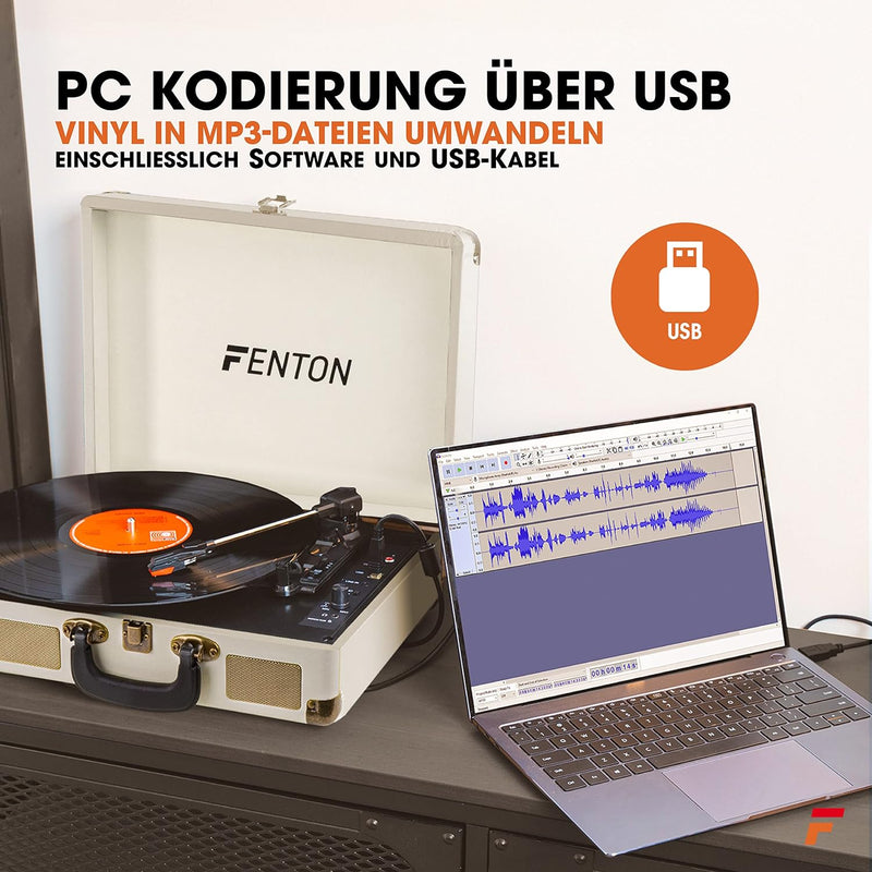 Fenton RP115G Koffer Plattenspieler Bluetooth, Plattenspieler mit Lautsprecher, Retro, USB, MP3 Conv
