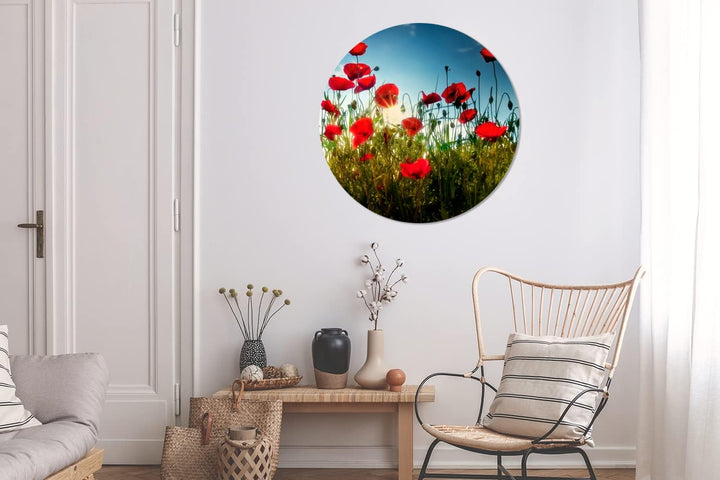 MuchoWow Wandbild Rund Wanddeko Deko Wohnzimmer Bilder 90x90 cm Mohnblumen - Toskana - Sonne - Rot -