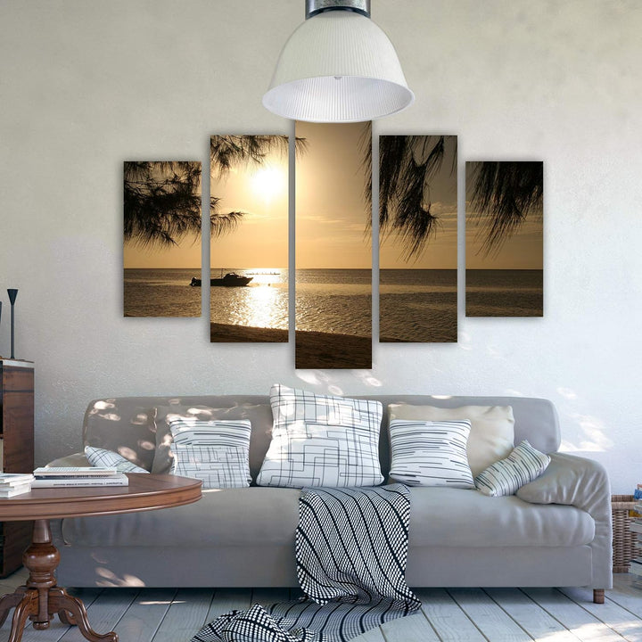 Feeby Bilder Strand 300x140 cm - Leinwandbild 5 Teilig XXL Kunstdruck Meer Boot braun Leinwandbild X