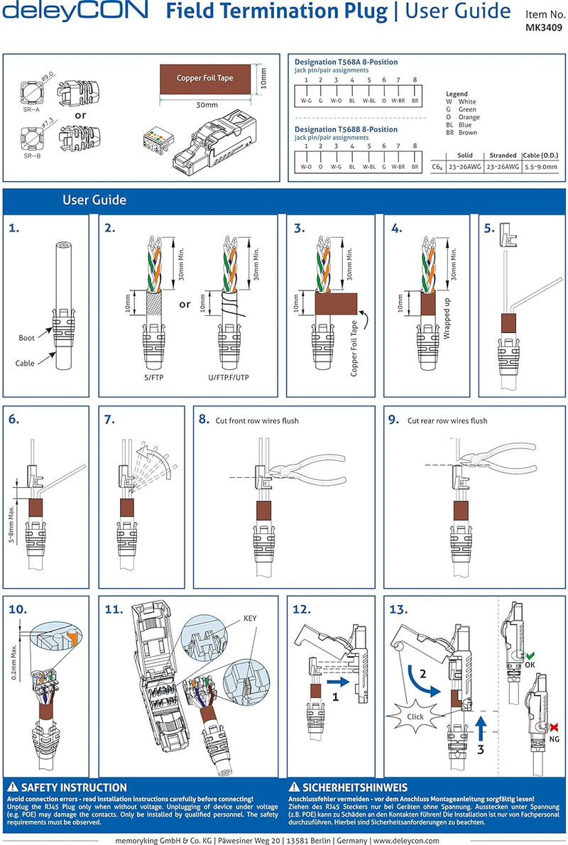 deleyCON 8x CAT 6a Netzwerkstecker RJ45 mit LSA Anschluss Werkzeuglos für Starre Verlegekabel LAN Ka