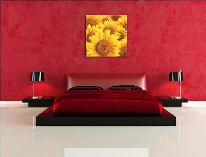 Pixxprint Grosse gelb leuchtende Sonnenblumen als Leinwandbild Quadratisch/Grösse: 70x70 / Wandbild/