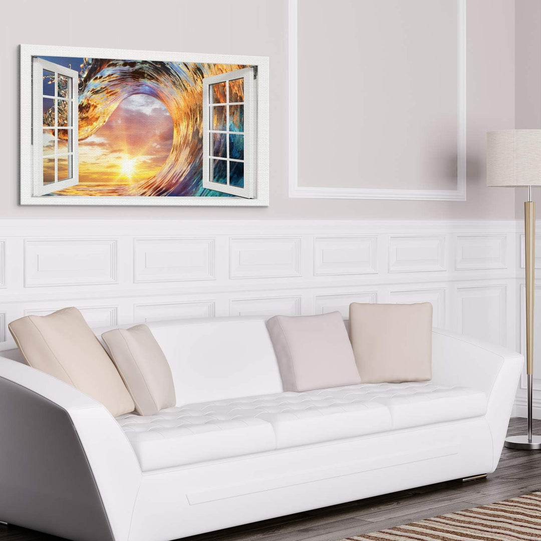PICANOVA – Bild auf Leinwand Wellen-Sonnenuntergang Fenster 100x50cm – Leinwandbild – Premium Leinwa