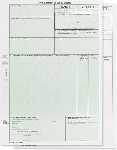 EUR1 EUR.1 Warenverkehrsbescheinigung Formular für Laserdrucker (50 Stck), 50 Stck