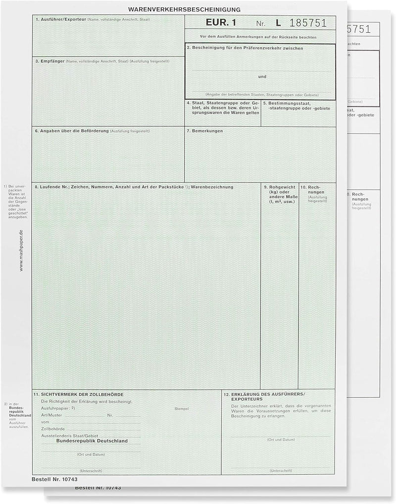 EUR1 EUR.1 Warenverkehrsbescheinigung Formular für Laserdrucker (50 Stck), 50 Stck