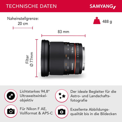 Samyang 7460 20/1,8 Objektiv DSLR Nikon F AE manueller Fokus automatischer Blendenring,Fotoobjektiv,