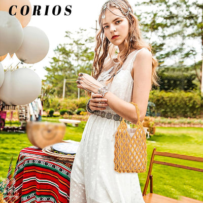 CORIOS Damen Gewebte Handtasche Böhmische Tote Beutel Retro Eimer Taschen Sommer Strand Tasche Gestr