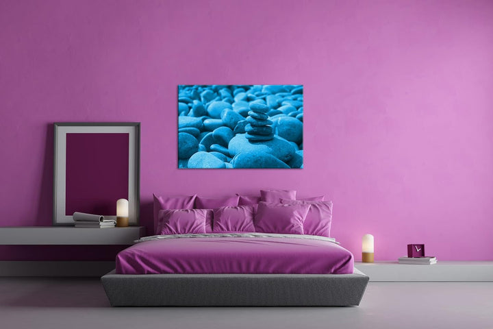 deyoli bunte Meditations Steine Format 80x60 Effekt: Monocrome Blau als Leinwandbild, Motiv fertig g