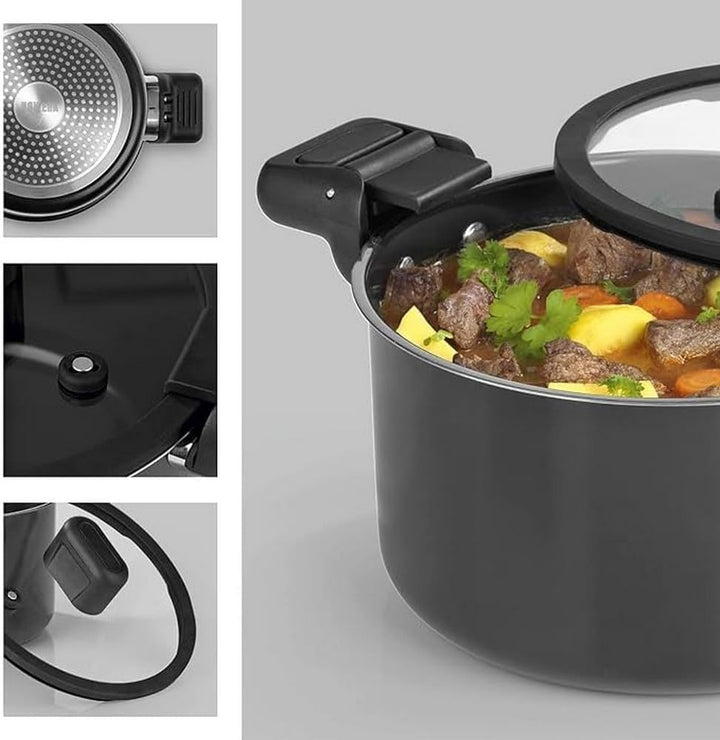 N8WERK Aluguss-Energiespartopf 5,8 L | Wärmeabweisende Griffe, Glasdeckel mit Silikonumrandung | Inn
