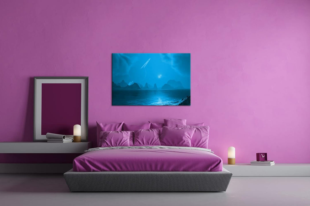 deyoli chaotische Landschaft mit Saturn am Himmel Format 80x60 Effekt: Monocrome Blau als Leinwandbi