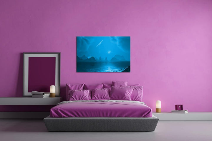 deyoli chaotische Landschaft mit Saturn am Himmel Format 80x60 Effekt: Monocrome Blau als Leinwandbi