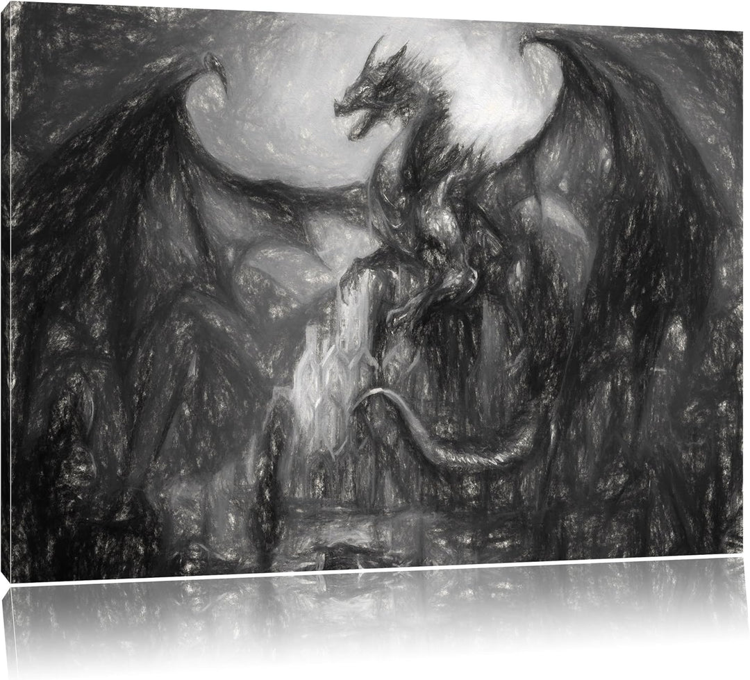 Pixxprint Drache schützend über Burg / 100x70cm Leinwandbild bespannt auf Holzrahmen/Wandbild Kunstd