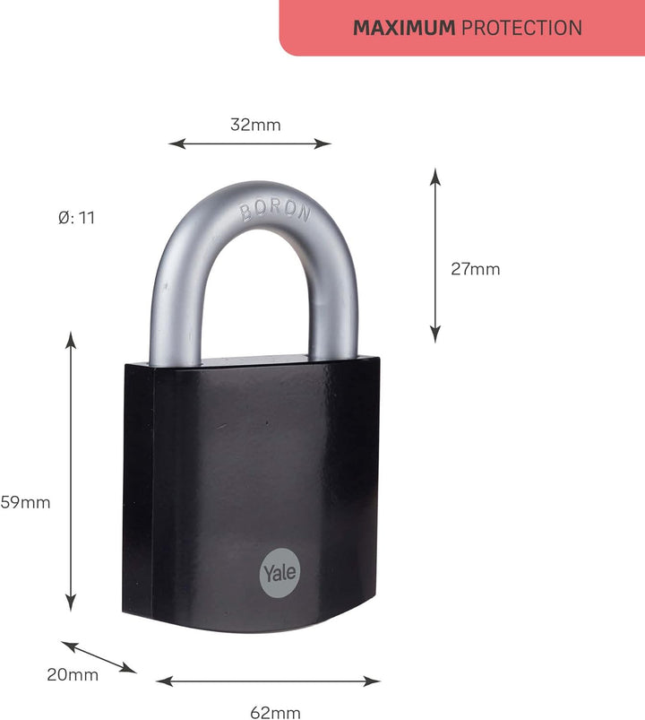 Yale - Y300B/63/127/1 Maximale Sicherheit 62mm gehärteter Stahlhülle - Schwarz - offener Bügel aus B
