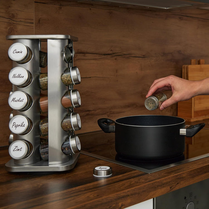 Relaxdays Gewürzkarussell, 20 Gewürzgläser, 40 Etiketten, 360° drehbar, Edelstahl, Glas, HBT: 33,5 x