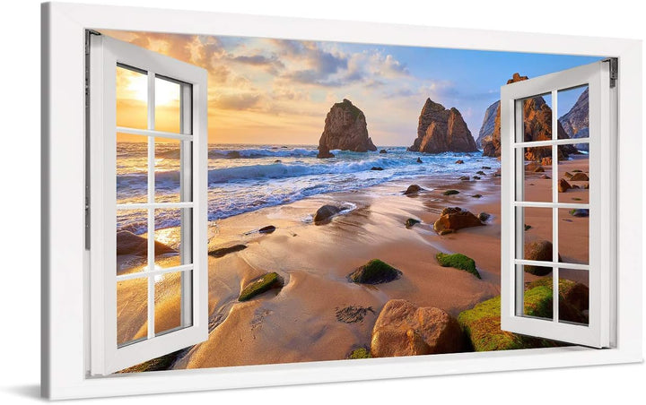 PICANOVA – Bild auf Leinwand Meeresstrand mit Felsen Fenster 100x50cm – Leinwandbild – Premium Leinw