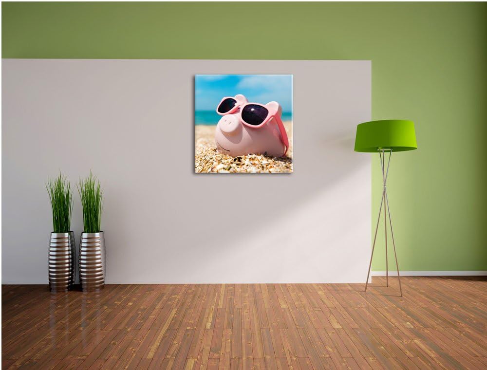Schweinchen am Strand, Format: 70x70 auf Leinwand, XXL riesige Bilder fertig gerahmt mit Keilrahmen,