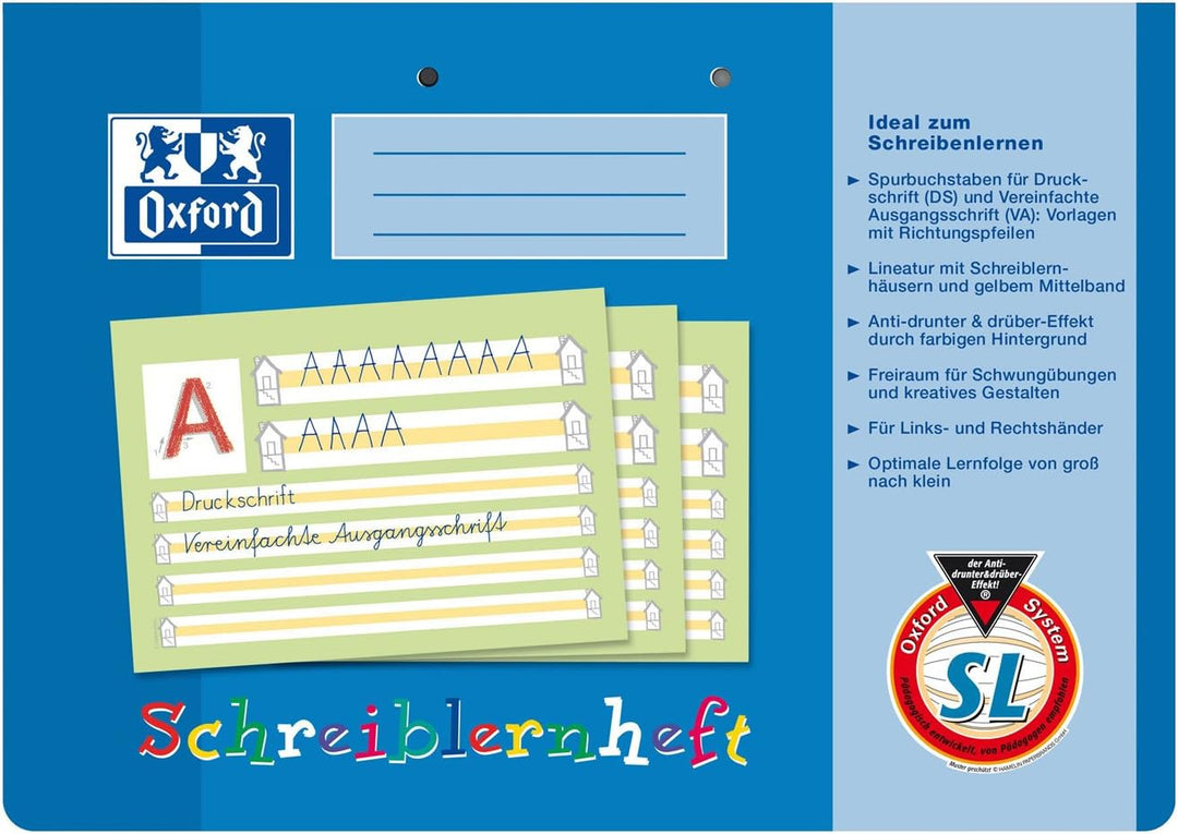 Oxford Schreiblernheft, A4 quer, Lineatur SL, 16 Blatt, 10 Stück Lineatur SL + farbiges Mittelband S