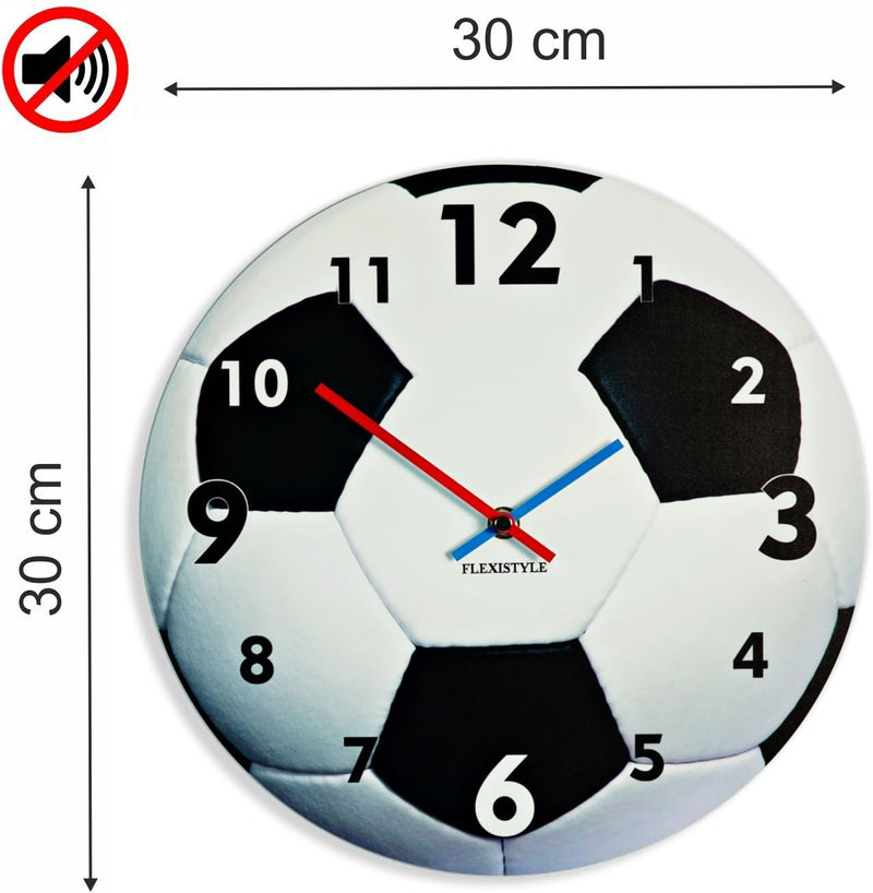 FLEXISTYLE Einzigartige Wanduhr für Kinder Fussball, leise Nicht Ticken, oval, 30 cm, Acryl, für Kin