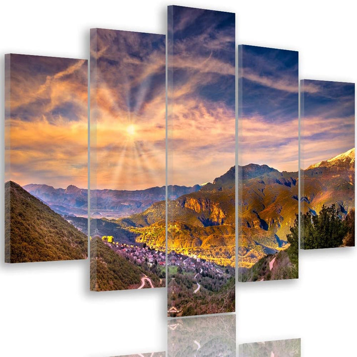 Feeby Wanddeko XXL Landschaft Leinwandbild 5 Teilig Himmel Sonne Wolken bunt 100x70 cm Leinwandbild