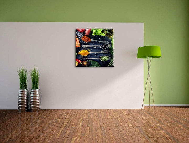 Feine Gewürze auf Löffeln, Format: 70x70 auf Leinwand, XXL riesige Bilder fertig gerahmt mit Keilrah