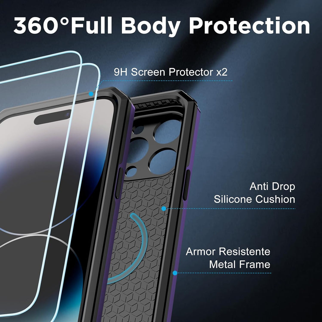 WIFORT Magnetisch Metall Hülle für iPhone 14 Pro Kompatibel mit MagSafe, mit 2 Stück Schutzglas, Mil