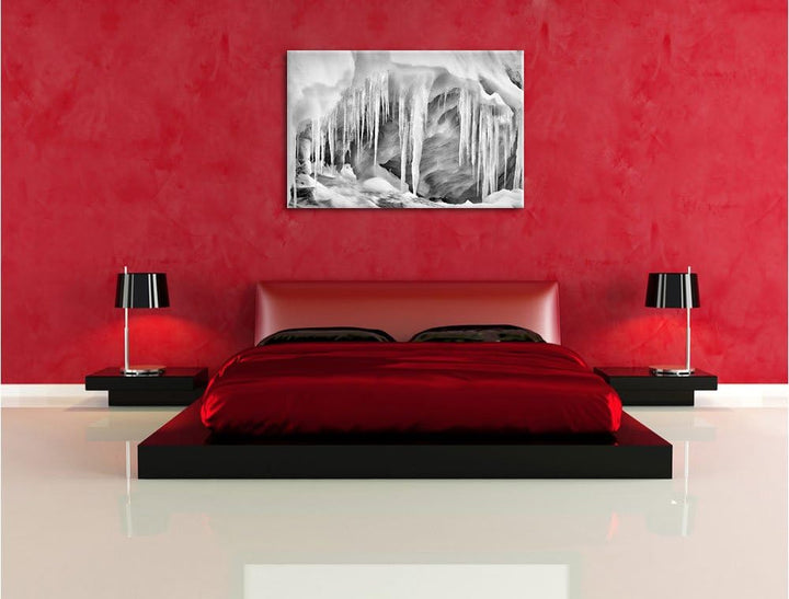 Monocrome, vereiste Höhle, Format: 100x70 auf Leinwand, XXL riesige Bilder fertig gerahmt mit Keilra