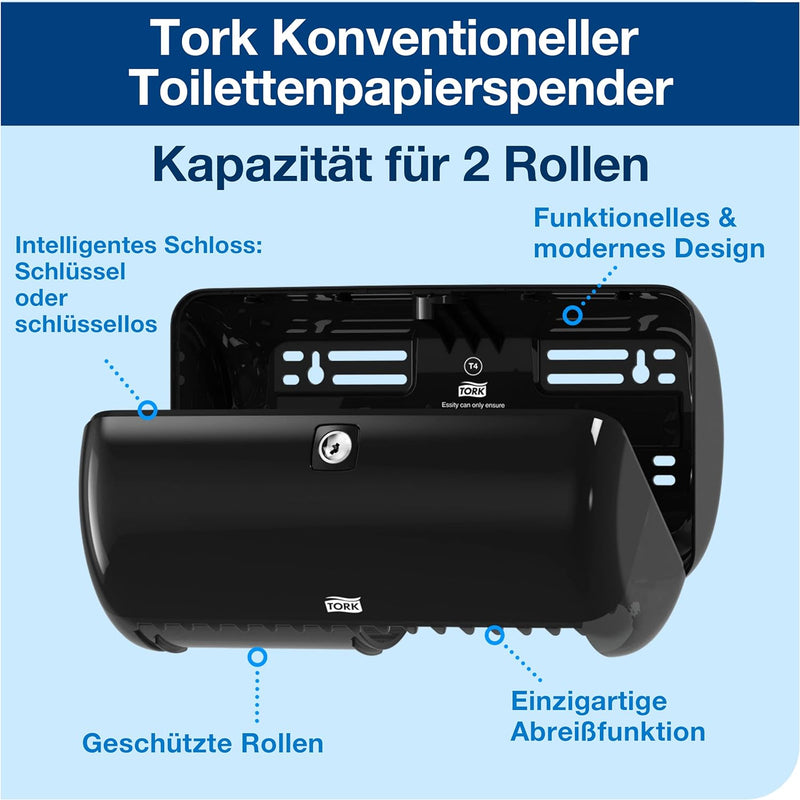 Tork 557008 Spender für Kleinrollen Toilettenpapier T4 in Schwarz / Hygienischer Papierspender für T