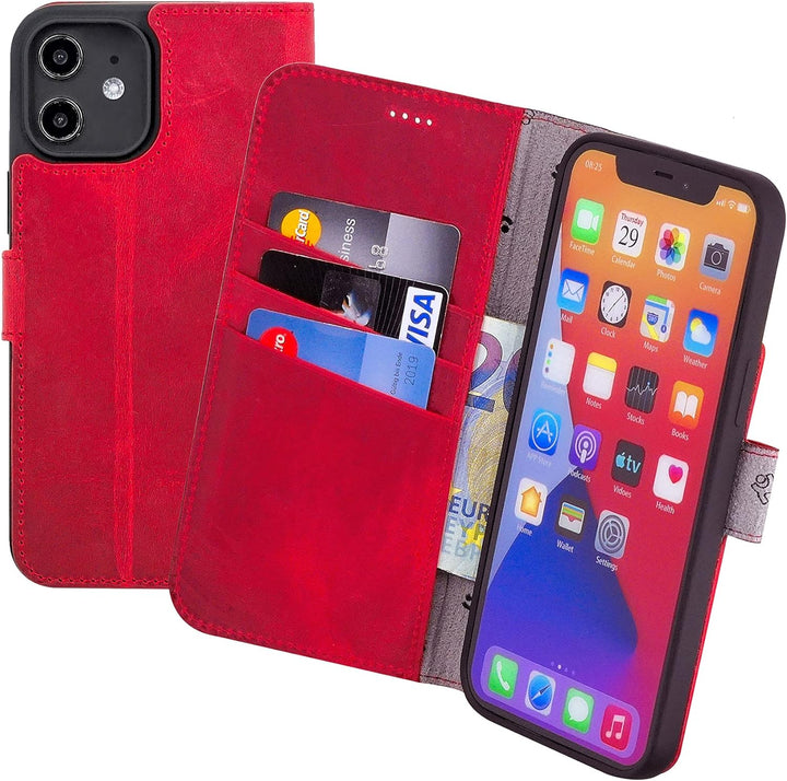 Suncase Book-Style Hülle kompatibel mit iPhone 12 Mini (5.4") Leder Tasche (Slim-Fit) Lederhülle Han