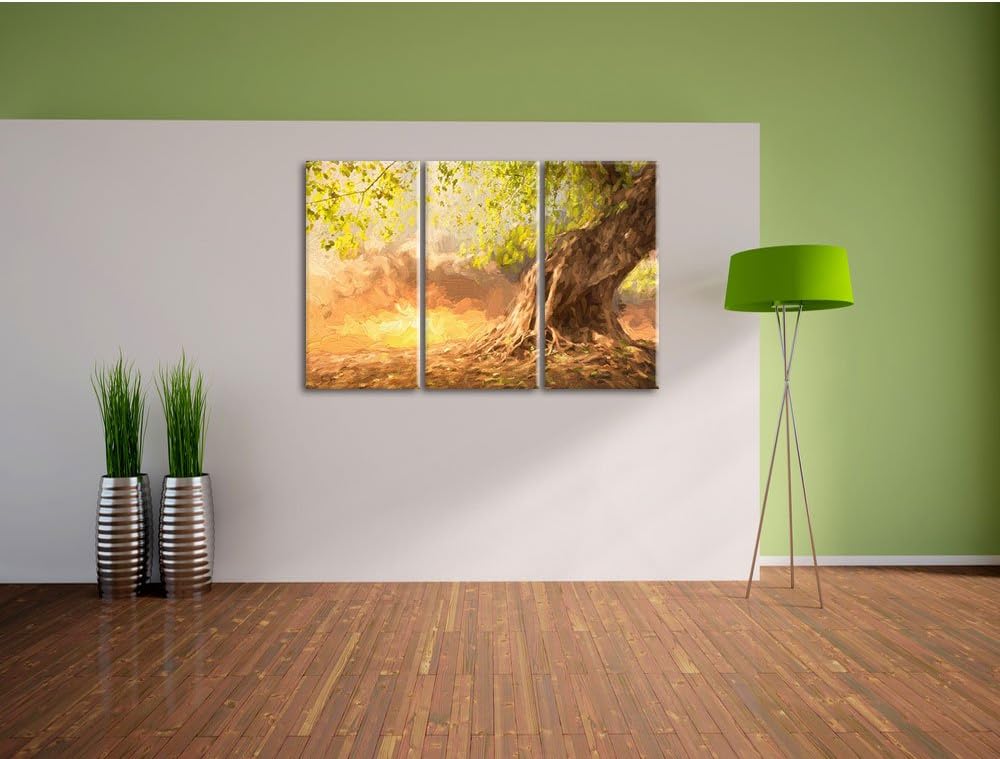 Pixxprint Verwurzelter starker Baum im Sonnenuntergang Kunst Pinsel Effekt 3-Teiler Leinwandbild 120