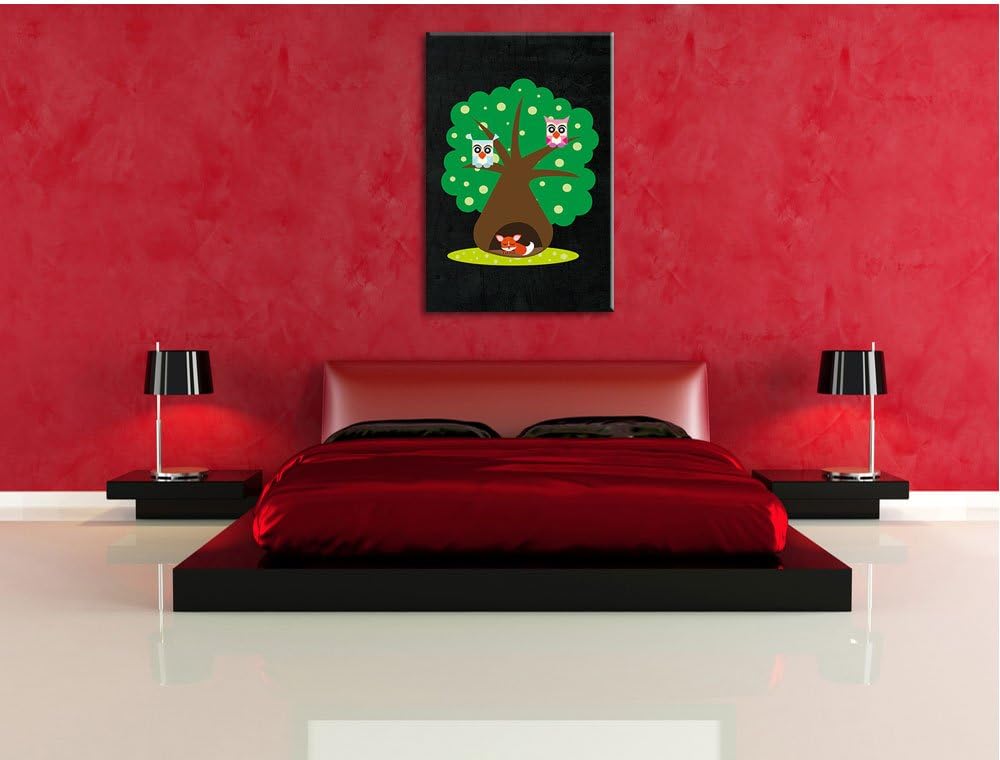 Pixxprint Baum mit niedlichen Eulen und süssem Fuchs schwarz, Format: 70x100 auf hochkantiges Leinwa