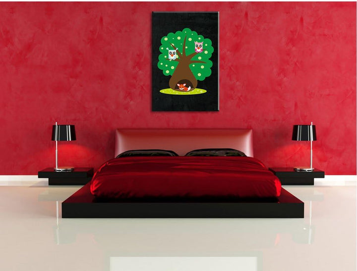 Pixxprint Baum mit niedlichen Eulen und süssem Fuchs schwarz, Format: 70x100 auf hochkantiges Leinwa