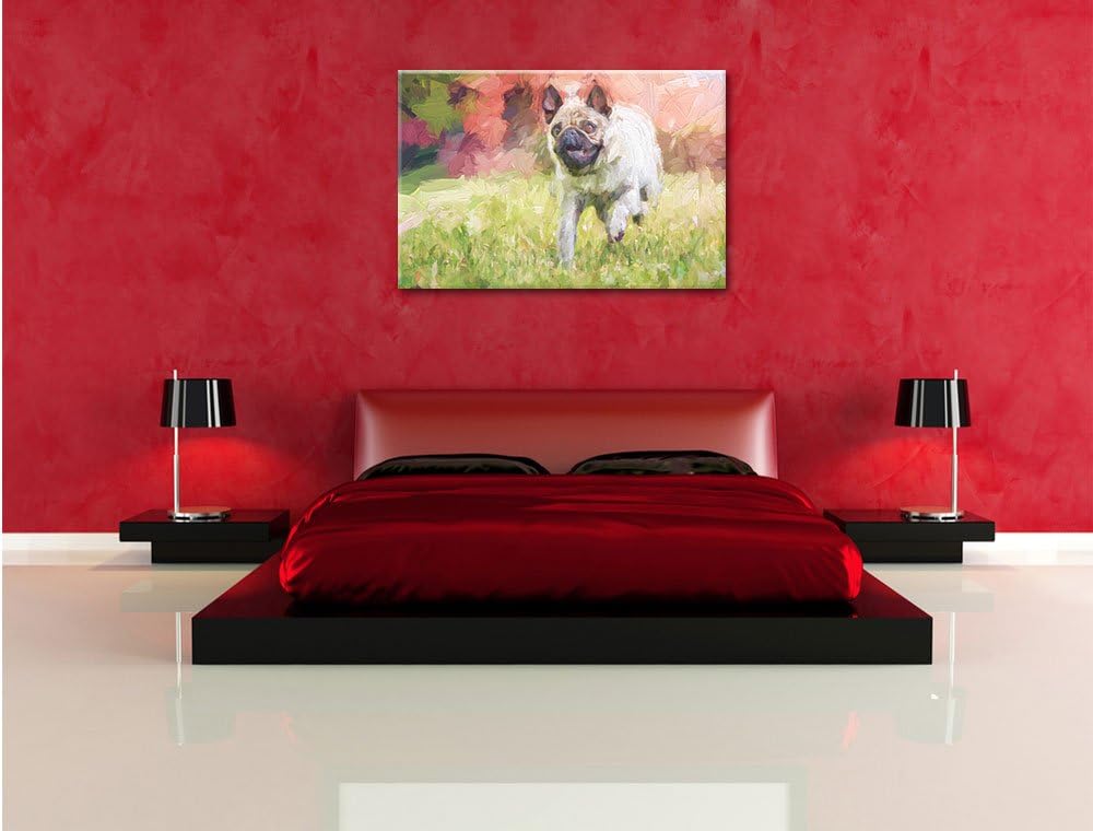 Pixxprint Rennender Mops Kunst / 100x70cm Leinwandbild bespannt auf Holzrahmen/Wandbild Kunstdruck D