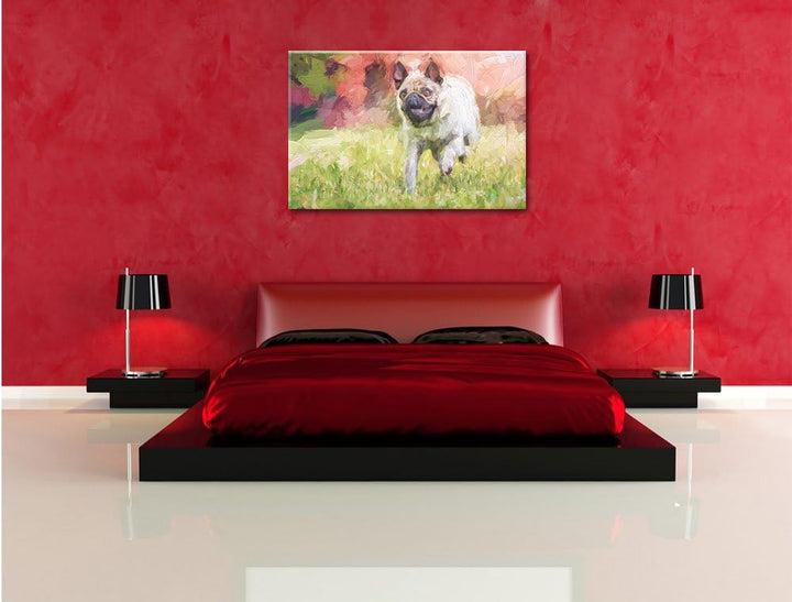 Pixxprint Rennender Mops Kunst / 100x70cm Leinwandbild bespannt auf Holzrahmen/Wandbild Kunstdruck D