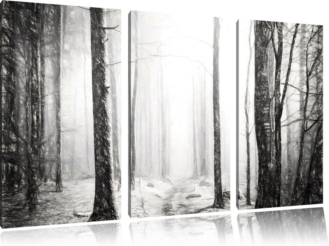 Pixxprint Mystischer Wald Kohle Zeichnung Effekt 3-Teiler Leinwandbild 120x80 Bild auf Leinwand