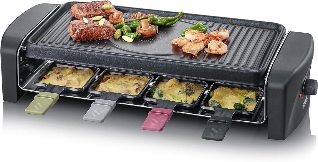 SEVERIN Raclette-Grill, Raclette mit grosser antihaftbeschichteter Grillplatte und 8 Raclette Pfännc
