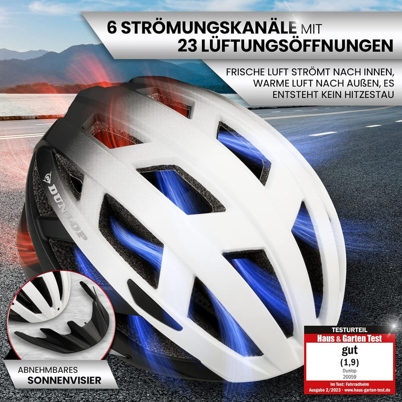 Dunlop Sports Fahrradhelm mit Licht S(52-56cm) Weiss/Schwarz, S(52-56cm) Weiss/Schwarz