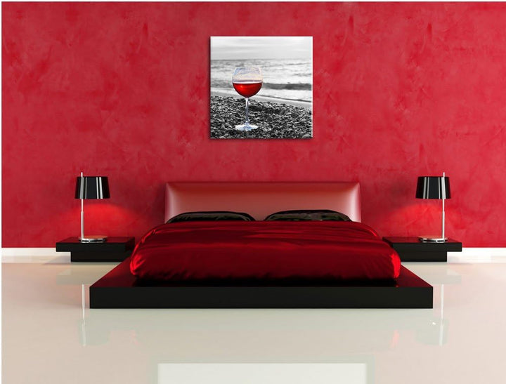 Pixxprint Weinglas am Strand als Leinwandbild/Grösse: 70x70 cm/Wandbild/Kunstdruck/fertig bespannt,