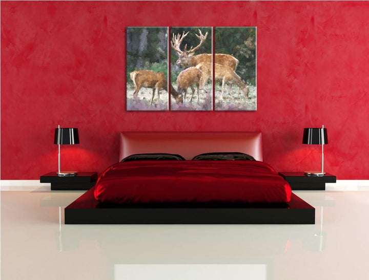 Hirschfamilie auf Waldlichtung NewArt 3-Teiler Leinwandbild 120x80 Bild auf Leinwand, XXL riesige Bi