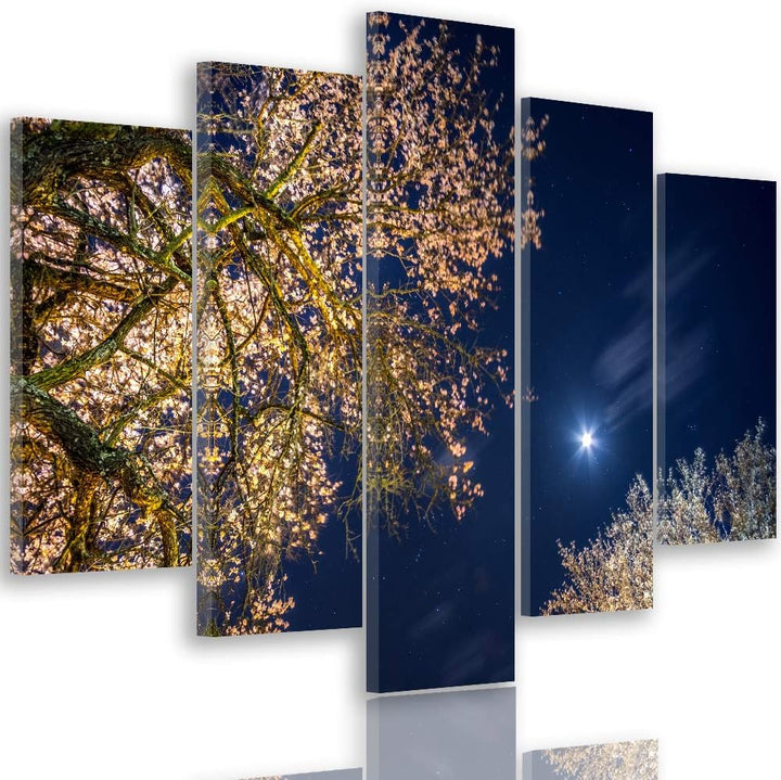 Feeby Wanddeko XXL Landschaft Leinwandbild 5 Teilig Bäume Himmel Mond blau 250x120 cm Leinwandbild 2