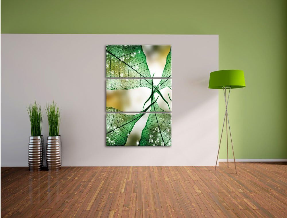 Pixxprint Grüne Blätter / 3-Teilig/Gesamtmass 120cm Leinwandbild bespannt auf Holzrahmen/Wandbild Ku