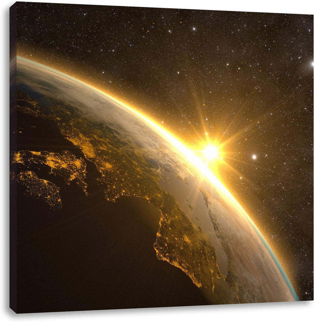 Pixxprint Die Sonne und Erde im Weltall als Leinwandbild Quadratisch/Grösse: 70x70 / Wandbild/Kunstd