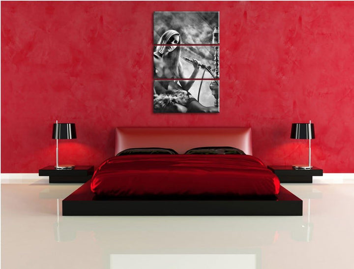 Pixxprint Frau mit Shisha im Nebel als Leinwandbild/Grösse: 3 Teilig (120x80 cm) cm/Wandbild/Kunstdr
